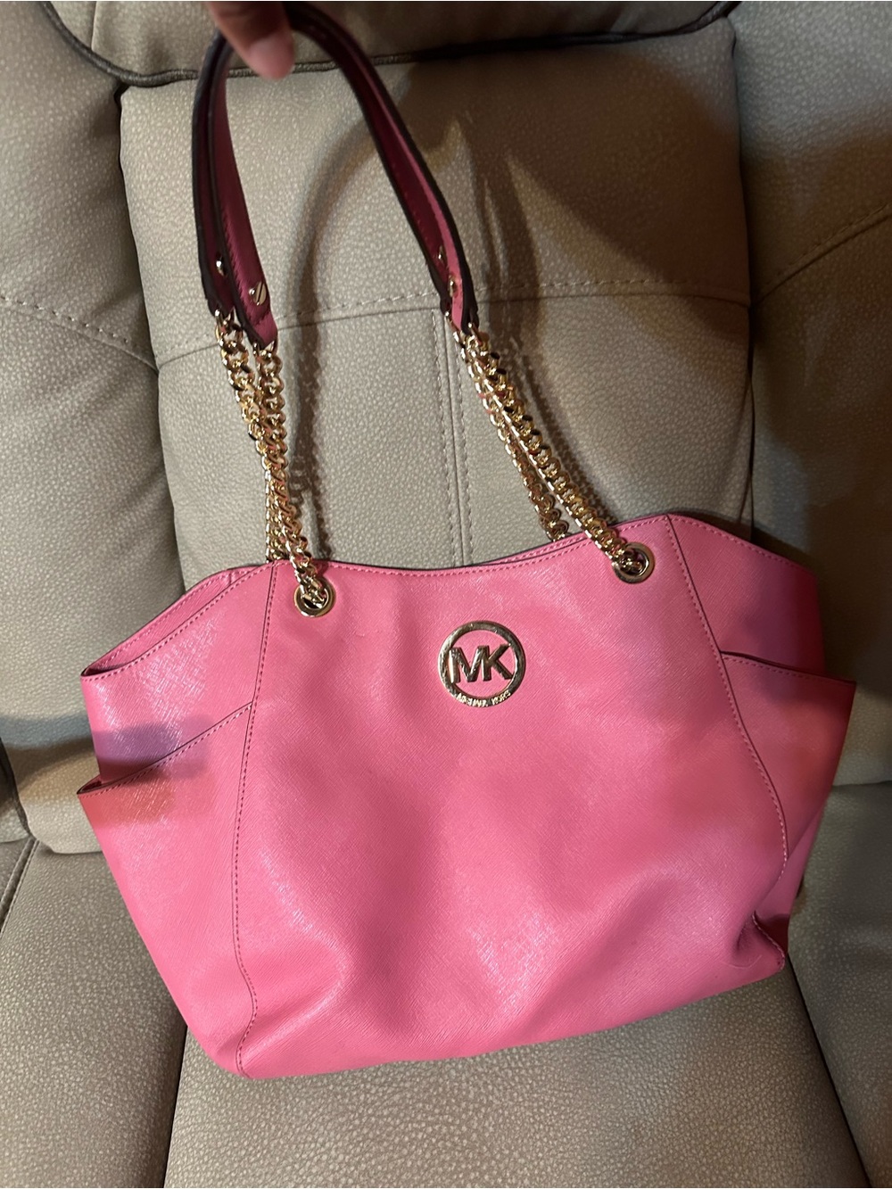 Michael Kors Pink Leather Tote with Gold Chain Handles